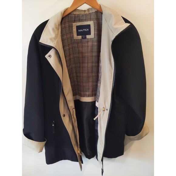 NAUTICA Women's Navy Cream Trench Coat Large Plaid Lining Classic Preppy Style - Picture 4 of 10